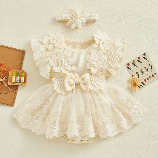 Visgogo Neugeborenen Baby Stram pler Kleid 2 Stück Outfits Mesh Spitze Patchwork Rüschen Bodysuit und Stirnband süße Sommerkleid ung.