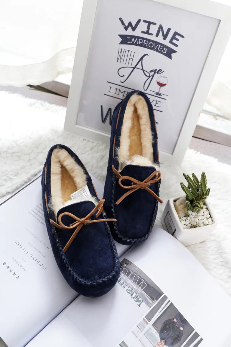 New 100% Natural Wool Genuine Leather Women Flat Winter shoes Women Moccasins Casual Loafers Plus Size Winter shoes