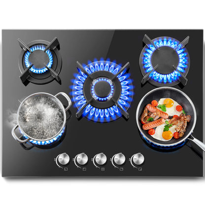 5 Burners 70 cm Glass with Automatic Flame Protection, Natural Gas Propane Gas, Built-in Gas Hob.