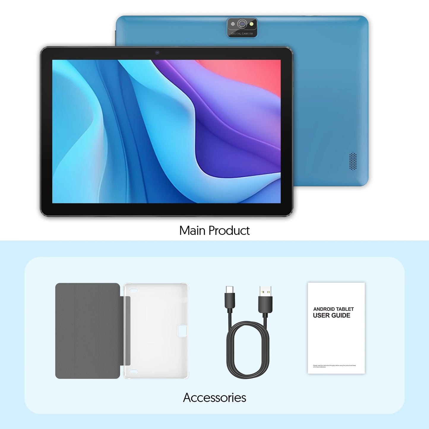 New BAKEN 10-inch Android 15 tablet with 64GB storage, keyboard, leather case, SIM card slot, stylus, mouse, and dual speakers.