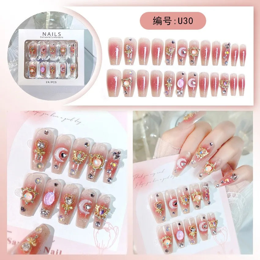24pcs(+Tools) Pearl Bow Nude Pink Press On Nails White French Fingertips Almond Full Cover Fasle Nails New Year Nail Accessories