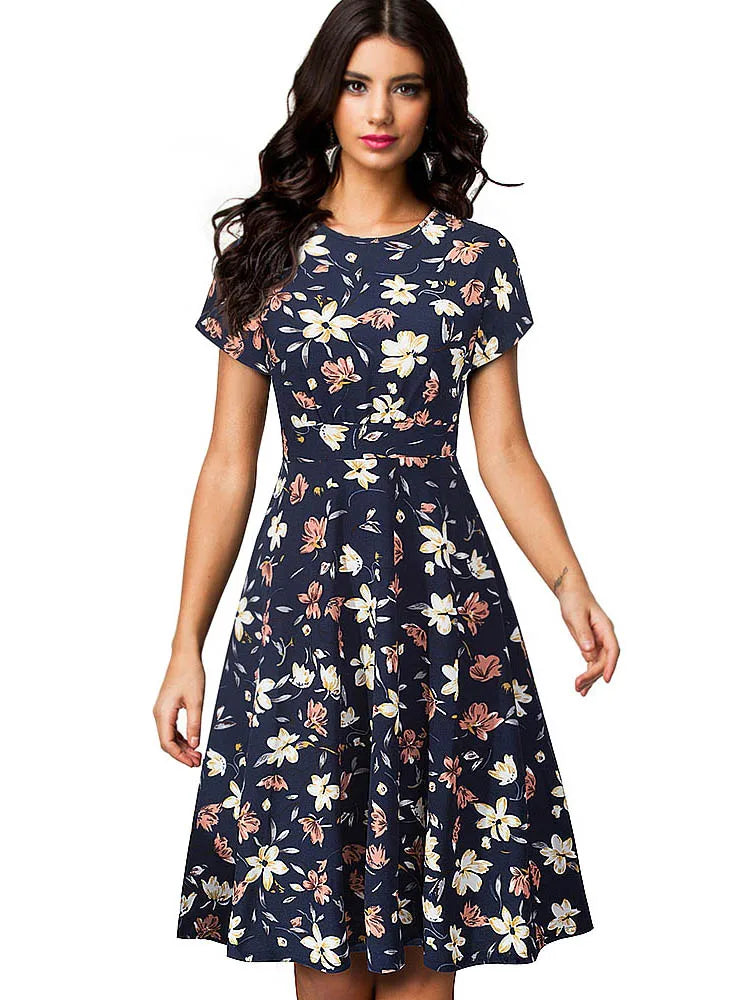 Nice-forever Vintage Elegante Blumen Druck Plissee Rundhals vestidos A-Line Pinup Business Party Frauen Flare Swing Kleid A102