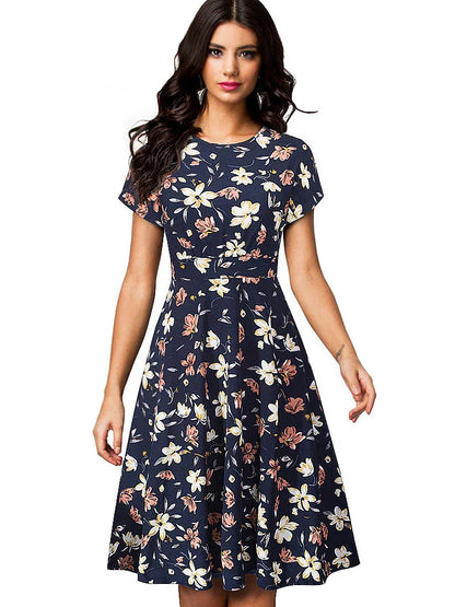 Nice-forever Vintage Elegante Blumen Druck Plissee Rundhals vestidos A-Line Pinup Business Party Frauen Flare Swing Kleid A102