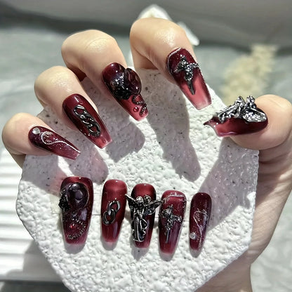 10 Pieces Sweet Cool Dark Style Handmade Wearable Nails Star River Falls Nail Art Patches Scarlet Angel Halloween Fake Nails.