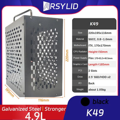 ARSYLID K49 ITX A4 Computer Case 4.9L 185mm Graphics Card Flex PSU 50mm Radiator Mini PC Chassis.
