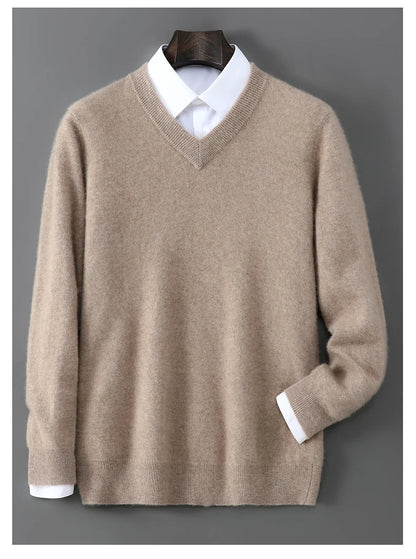 2025 Autumn Winter New Men's Wool Sweater Solid Color V-Neck Pullover Sweater Casual Loose Business Knit Plus Size Base Sweaters.