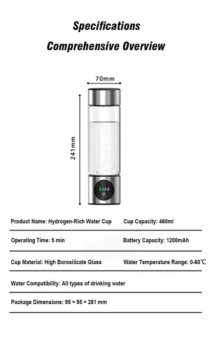 Portable Performance Hydrogen Water Generator Bottle SPE+PEM Dual Chamber lonizer + PPB&Time Display Electrolytic Hydrogen Water.