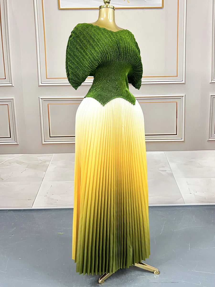 Women Plus Size Gradient Color Long Skirts And Tops Pleated 2 Piece Outfit Luxury Dubai Prom 2025 Casual For Female Fashion Sets.