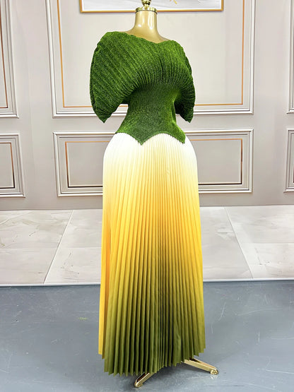 Women Plus Size Gradient Color Long Skirts And Tops Pleated 2 Piece Outfit Luxury Dubai Prom 2025 Casual For Female Fashion Sets.