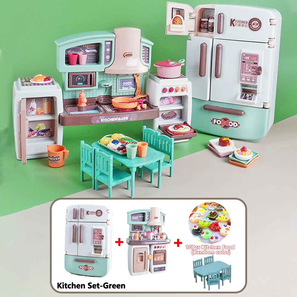 Miniature Mini Food Cooking Set Real Oven Realistic Meals Kids Kitchen Set Double Door Refrigerator With Music And Lights Play.