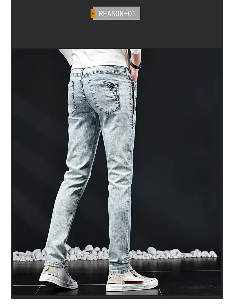 Slim Skinny Jeans Men New Elastic Korean Design Fashion Multi-Button Blue White Vintage Wash Cotton Stretch Denim Pants Trousers.