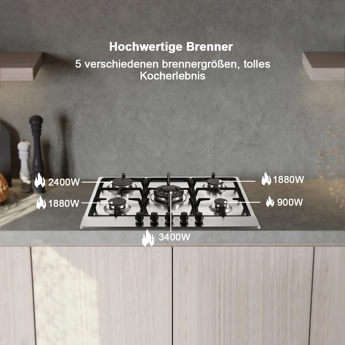 68cm 5-Burner Gas Hob Stainless Steel Gasherd Auto Flame Shield & Dual Fuel (Erdgas/LPG) 10460W Pro Line Built-in/Standherd.