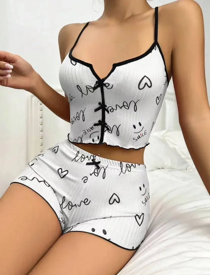 Nachtwäsche Frauen Pyjama Set Herz druck weichen gerippten Stoff mit flirty Rüschen besatz lässig Cami Top und Shorts Sets Lounge wear.