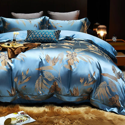 Luxury Satin Jacquard  Cotton Bedding Set Gold Leaves Egyptian Cotton Smooth Duvet Cover Set Flat/Fitted Sheet Pillowcases.