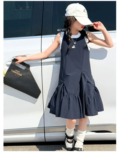 Neues Sommer-Mädchen-Prinzessinnenkleid für Kinder, ärmelloses Kleid mit Rüschen, Design-Kleider für Teenager, Kinder, lässiges Urlaubs-Strandkleid.