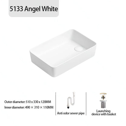 Rechteckiges Waschbecken aus Porzellan-Keramik für Badezimmer, modernes Waschbecken über der Theke mit Abflussset, Waschtischwaschbecken auf der Arbeitsplatte