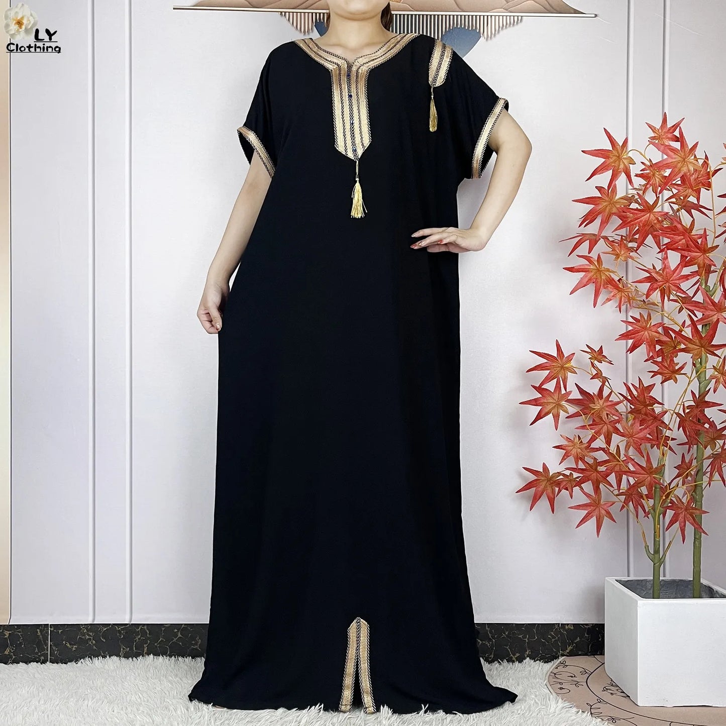 New Muslim Abayas Summer Short Sleeve African Dashiki Tassels Cotton Loose Caftan Lady Maxi Islam Casual Dresses With Headscarf.