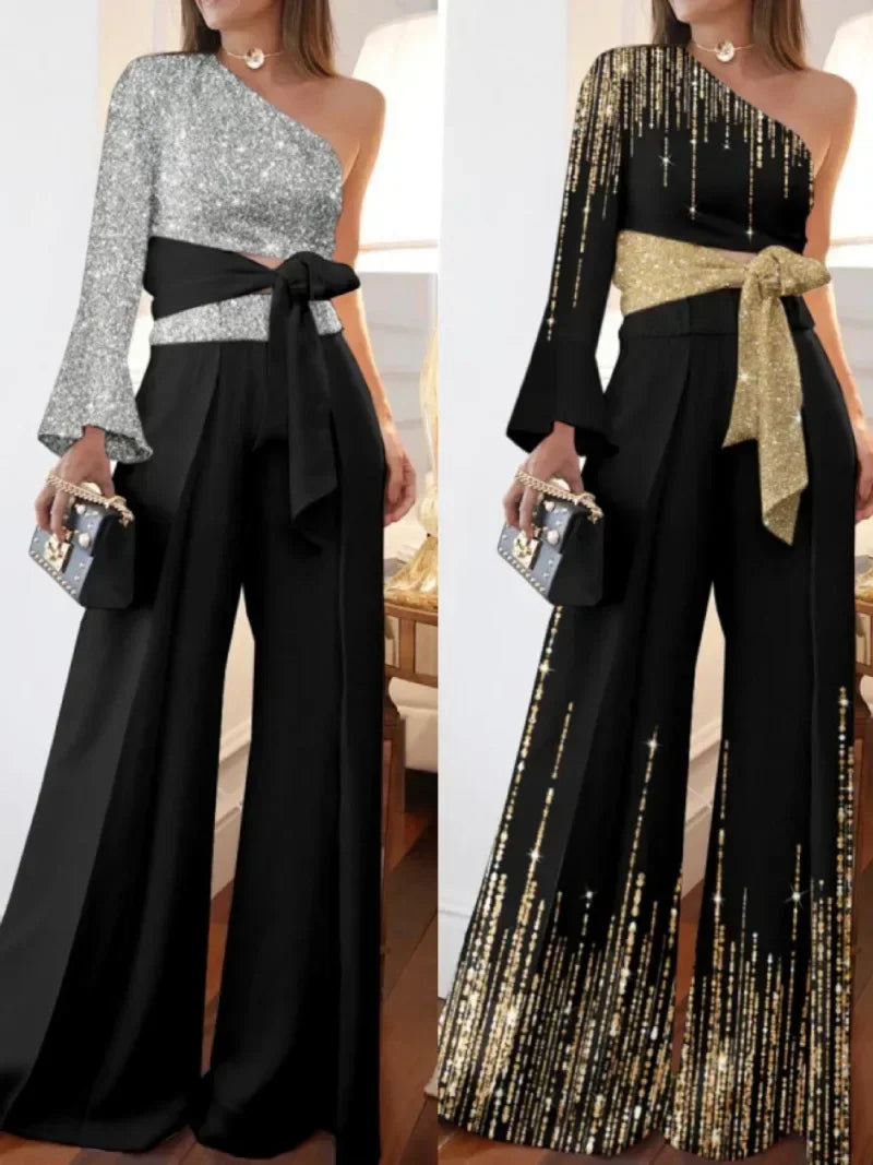 Womens Rompers Wide-leg Pants Off Shoulder Printed Casual Loose Printed Trousers Jumpsuit Women One Piece.