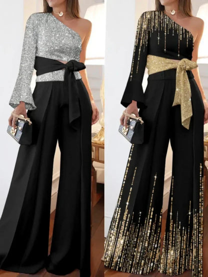 Womens Rompers Wide-leg Pants Off Shoulder Printed Casual Loose Printed Trousers Jumpsuit Women One Piece.