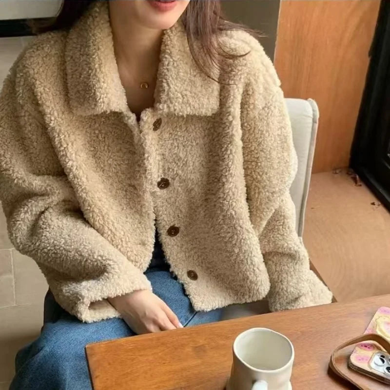 Frauen Herbst Winter Doppel Fleece Warme Verdicken Jacke drehen-unten Einreiher Kurze Oberbekleidung Lose Mode Lässig Mantel.