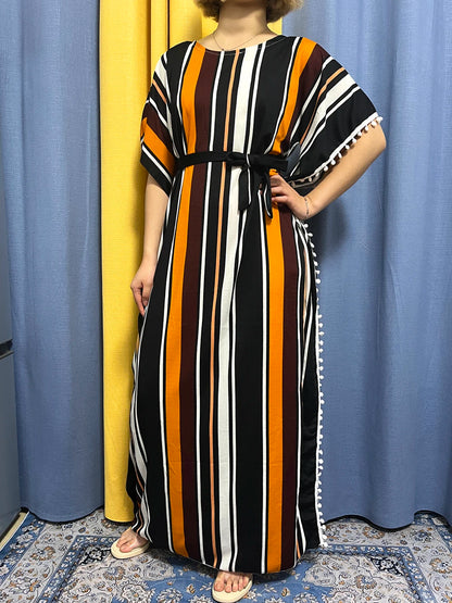 Abayas For Women 2024 Printed Vertical Stripe Tassels Elasticity Loose Fit Femme Robe African Woman Dresses With Belt Headscarf