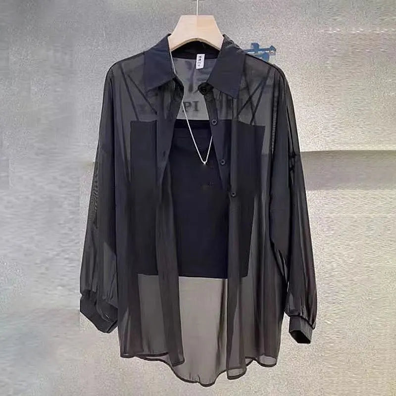 Sheer Chiffon Shirt Women's Casual UV Resistant Cardigan Summer Thin Commuting Coat Japanese Fashion Mesh Sunscreen Clothing Y2k.