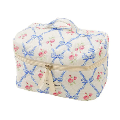 Cute Bow Flower Quilting Makeup Bag Women Zipper Cosmetic Organizer Female Cloth Handbag Portable Toiletry Case For Girls.