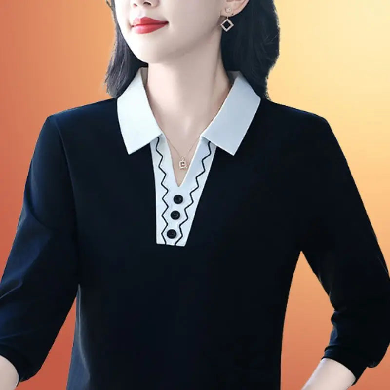 2025 Autumn New Women Clothes Office Lady Simplicity Patchwork Polo-Neck Top Tee Ladies Fashion Loose Buttons Long Sleeve Shirts