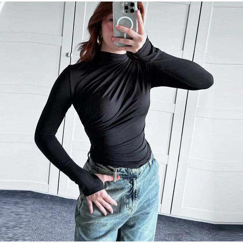 Gtpdpllt Women Tees Sexy Turtleneck Long Sleeve Pleated Basic Women's T-shirts 2025 Spring Autumn Fashion Chic Female Streetwear