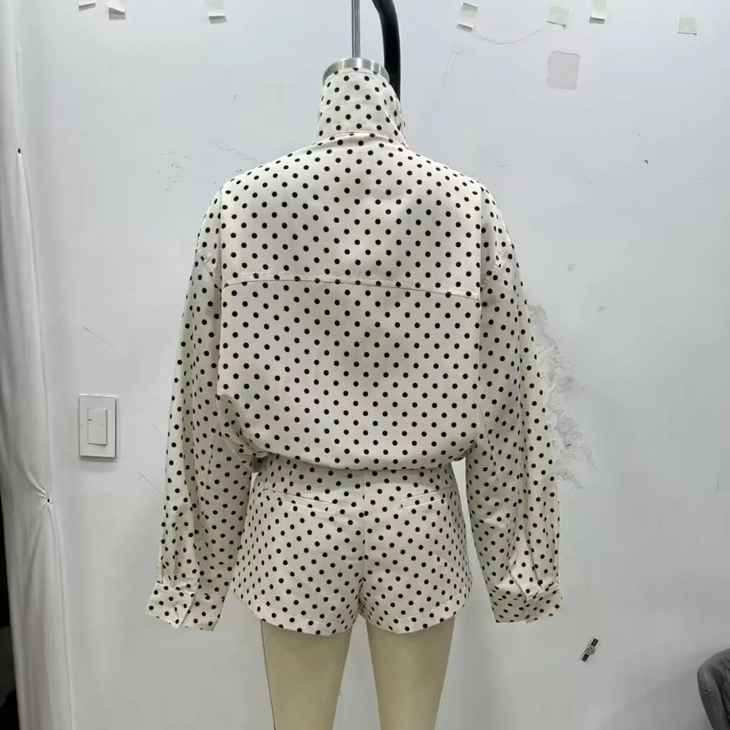 TRAFZA Herbst Polka Dot Gedruckt Jacke Für Frauen Lange Ärmel Rollkragen Zipper Mit Taschen Kordelzug Lose Vintage Mäntel