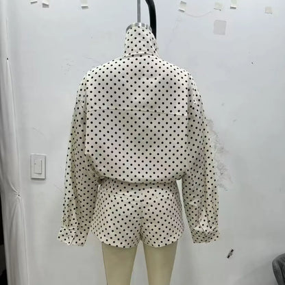 TRAFZA Herbst Polka Dot Gedruckt Jacke Für Frauen Lange Ärmel Rollkragen Zipper Mit Taschen Kordelzug Lose Vintage Mäntel