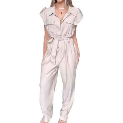 Elegant Women Jumpsuit Lapel Sleeveless Belt Design Romper with Pockets Solid Color Wide Leg Pants Versatile Jumpsuit.