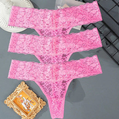 3PCS Lace Floral Women Panties Low Waist Breathable Briefs Female Thong Underwear M-2XL Solid Sexy G-String Transparent Panty.