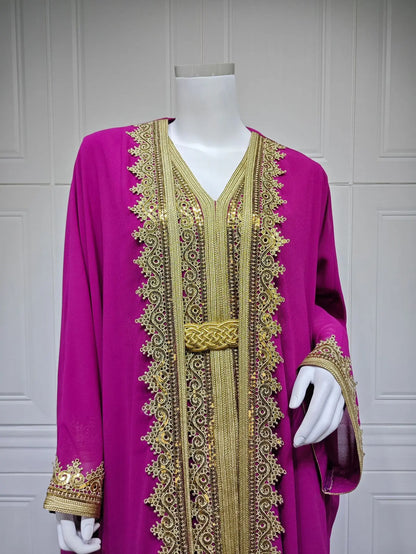 Eid Frauen Abaya Kleid Muslim 2-teiliges Set Strickjacke mit Innenkleid Schnürmantel Kaftan Robe Jalabiya Ramadan Marokko Kaftan 2025