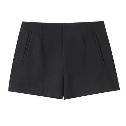 ZBZA Women High Waist A-line Shorts Loose Fit Double Pocket Zipper Solid Color Casual Mini Shorts Spring Summer New Chic Shorts