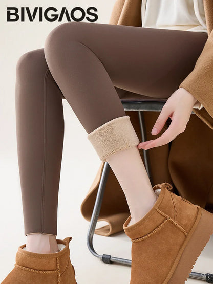 BIVIGAOS Autumn Winter High Waist Fleece Sharkskin Leggings Women Seamless Slim Tight-Fit Velvet Thickened Elastic Warm leggings.