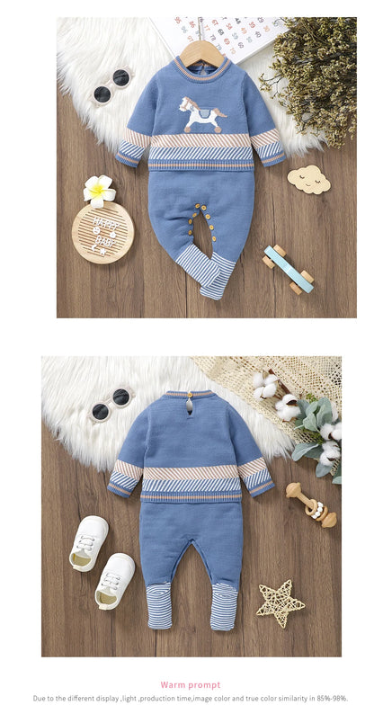 Baby Strampler Blau Langarm Stricken Neugeborenen Jungen Overalls Playsuits Herbst Winter Infant Unisex Outfits Ein Stück Kinder Kostüme.