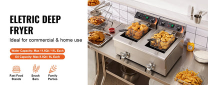 SucceBuy 12L Commercial Electric Deep Fryer w/Dual Tanks 3000W  Stainless Steel Countertop Fryer for Fried Chicken French Fries.