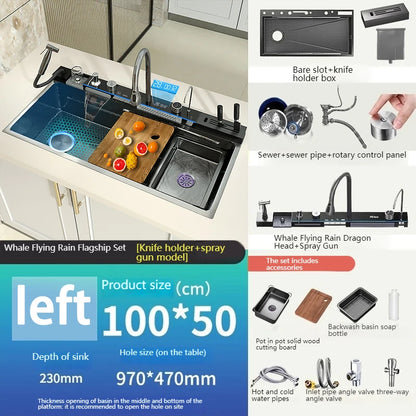 Edelstahl-Wasserfall-Küchenspüle, extra groß, Einzelschlitz, Digitalanzeige, Wasserhahn-Set, Tassenwaschbecken, Waschbecken, 100 x 50 cm