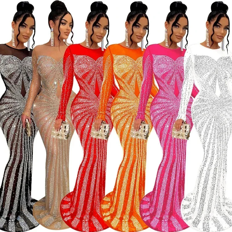 XIZOU Frauen Mesh Patchwork Diamanten Heißer Strass Bodenlangen Bodycon Meerjungfrau Maxi Kleid Sexy Party Abend Vestidos 2024.