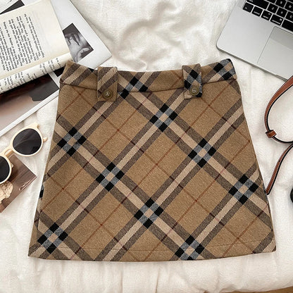 Women's Autumn Winter Vintage Plaid Short Skirt Lady Streetwear High Waist Wool&blend Mini Skirt.