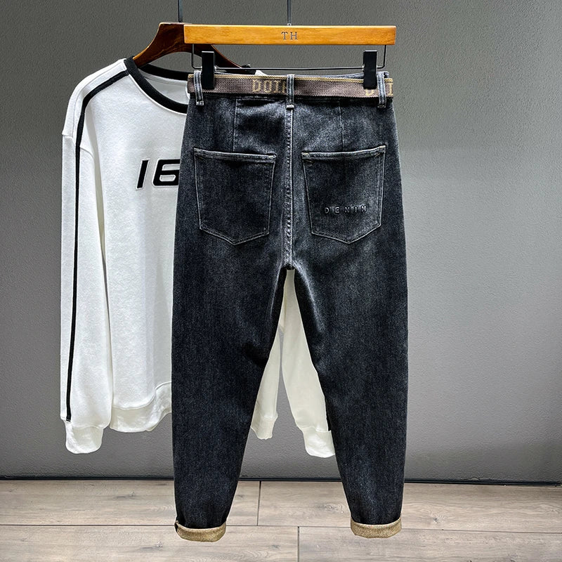 Tapered Jeans for Men's Clothing Autumn New Fashion Embroidered Korean Harem Pants Casual Stretch Black Denim Trousers.