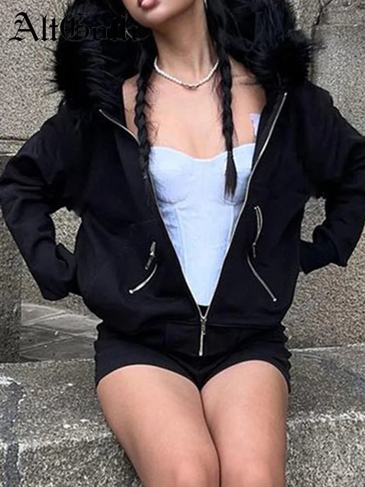 AltGoth Dark Academia Gothic Sweatshirt Women Streetwear Harajuku Vintage Y2k E-girl Cyber Punk Fur Collar Loose Cardigan Tops.