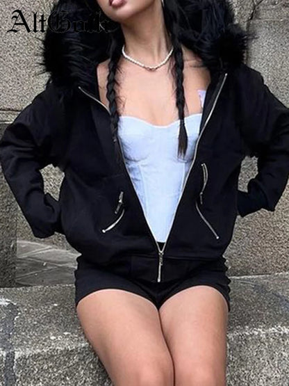 AltGoth Dark Academia Gothic Sweatshirt Women Streetwear Harajuku Vintage Y2k E-girl Cyber Punk Fur Collar Loose Cardigan Tops.