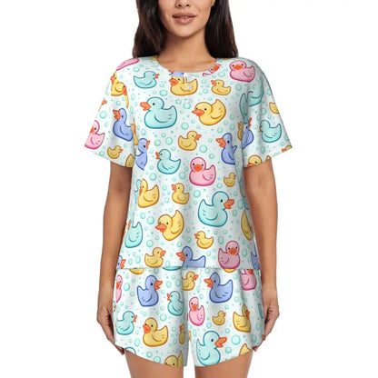 Benutzerdefinierte Frauen Gelb Klassische Gummi Ente Pyjamas Set Gedruckt Zwei-stück Pj Sets Kurzarm Nachtwäsche Loungewear