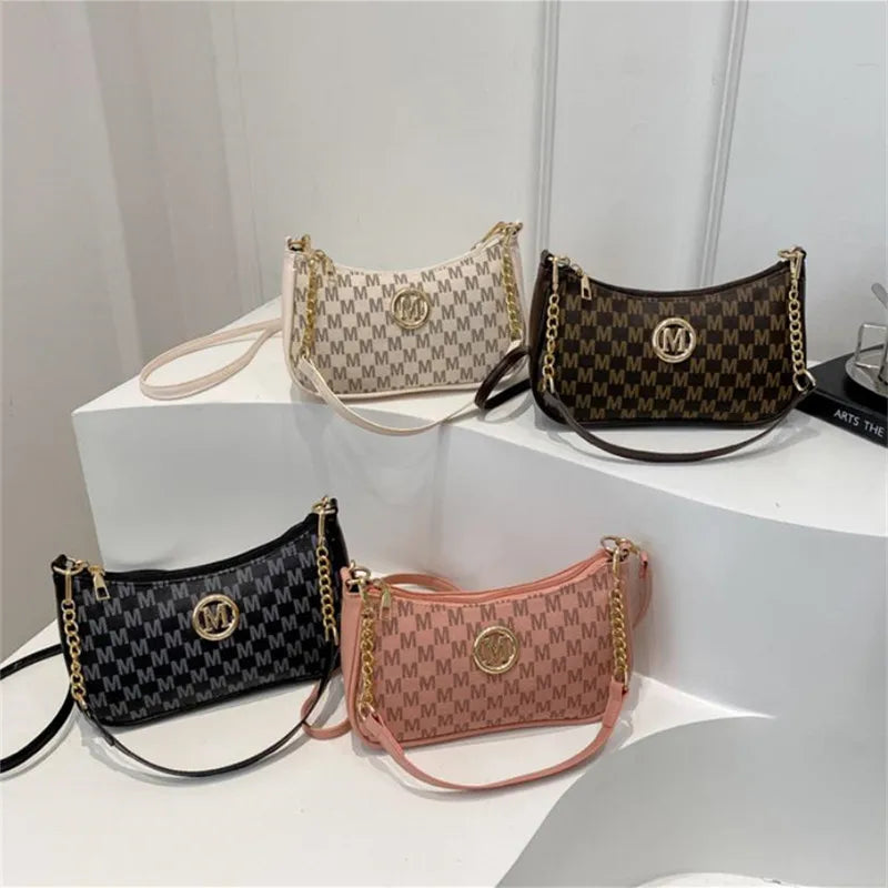 Vintage Style Handbag Crossbody Bag, Gold Letter 'M' Design Pu Leather Shoulder Messenger Bag, Synthetic Leather Tote Bag, Purse