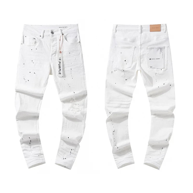 Purple Brand Men's Casual Straight Leg Jeans Distressed Dye Spill Hole American Street Style High Street Long Pants.