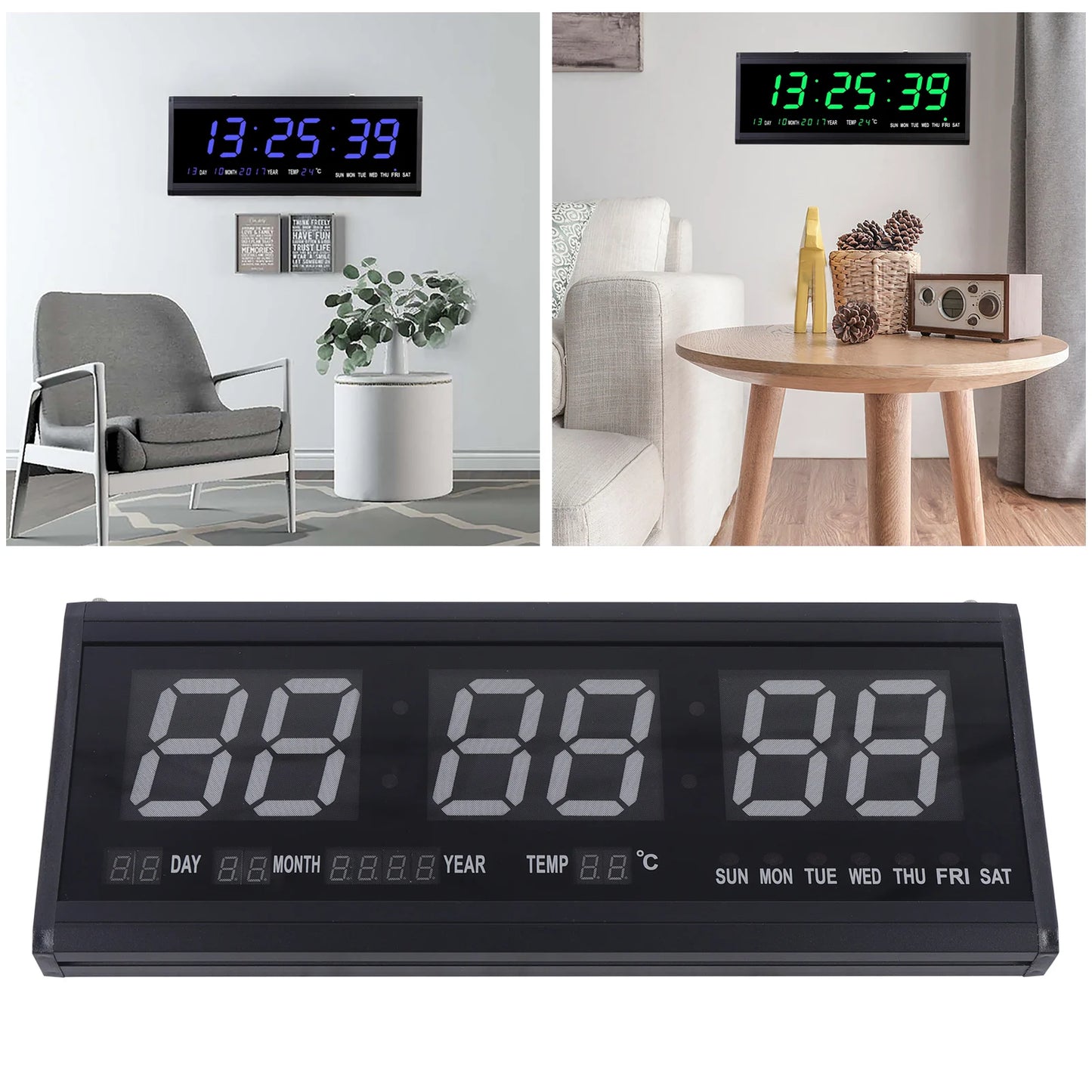 220 V große LED-Digital-Wanduhr, Zeit, Temperatur, Datum, Woche, Anzeige, automatischer Dimmer, leuchtende, leise Tischuhr, Wanduhr, 48 x 19 cm
