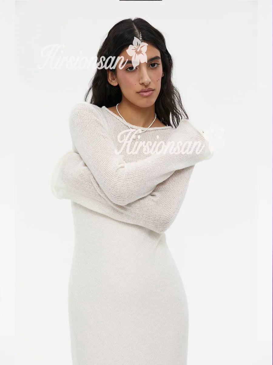 Hirsionsan Frühling Herbst Oansatz Elastische Stricken Lange Kleider Frauen 2024 Elegante Chic Weiche Dame Aushöhlung Pullover Kleider Femme Neue