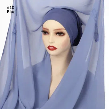 Chiffon Instant Hijab With Bulit-in Magnets Muslim Woman Hijab Solid Color Easy To Wear Shawl Wrap With Undercap Famme Headscarf